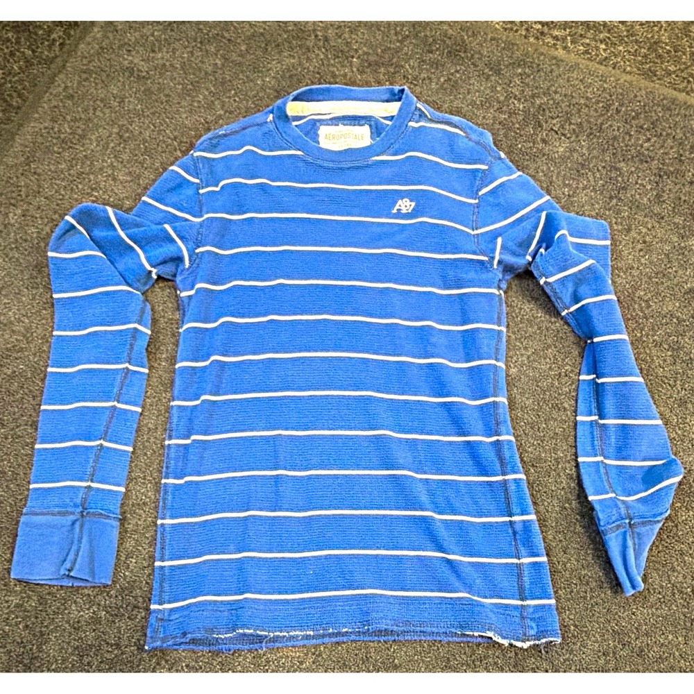 Aeropostale A87 Mens M Blue White Striped Waffle Knit Crewneck Pullover Sweater